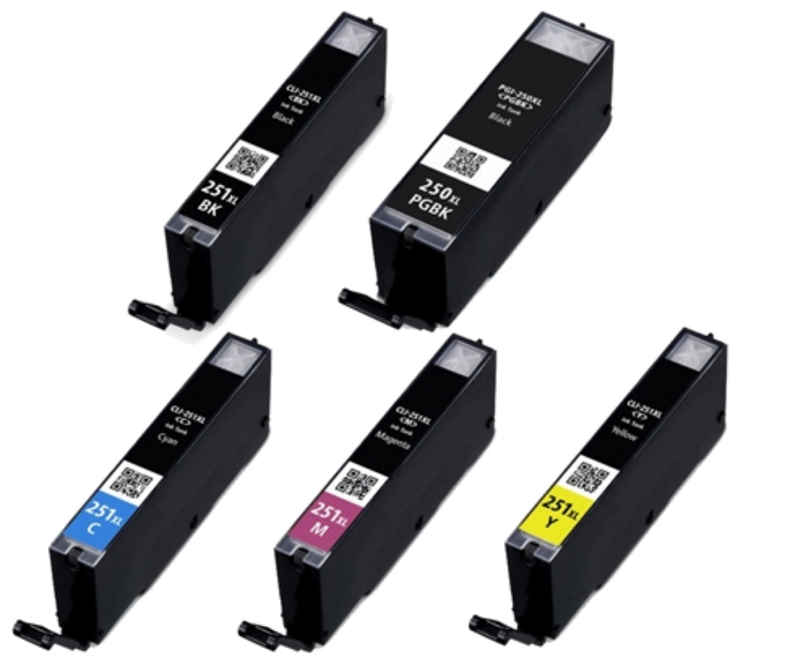 Picture of Value Bundle 6432B001, 6448B001, 6449B001, 6450B001, 6451B001 (PGI-250XL, CLI-251XLBK, CLI-251XLC, CLI-251XLM, CLI-251XLY) High Yield Black, Cyan, Magenta, Yellow Ink Cartridges (5 pack) 2-PGI-250XL, 1/ea-CLI-251XL B,C,M,Y
